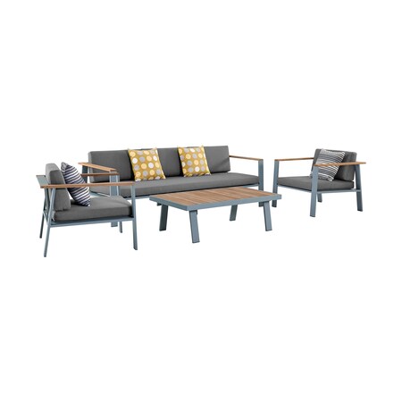 Armen Living Nofi 4 piece Outdoor Patio Set in Gray Finish with Gray Cushions and Teak Wood SETODNOGR